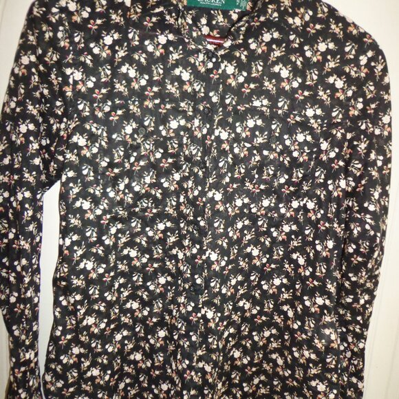 LAUREN RALPH LAUREN Floral Cotton Voile Shirt PS Black Multi Button Closure - Picture 1 of 13